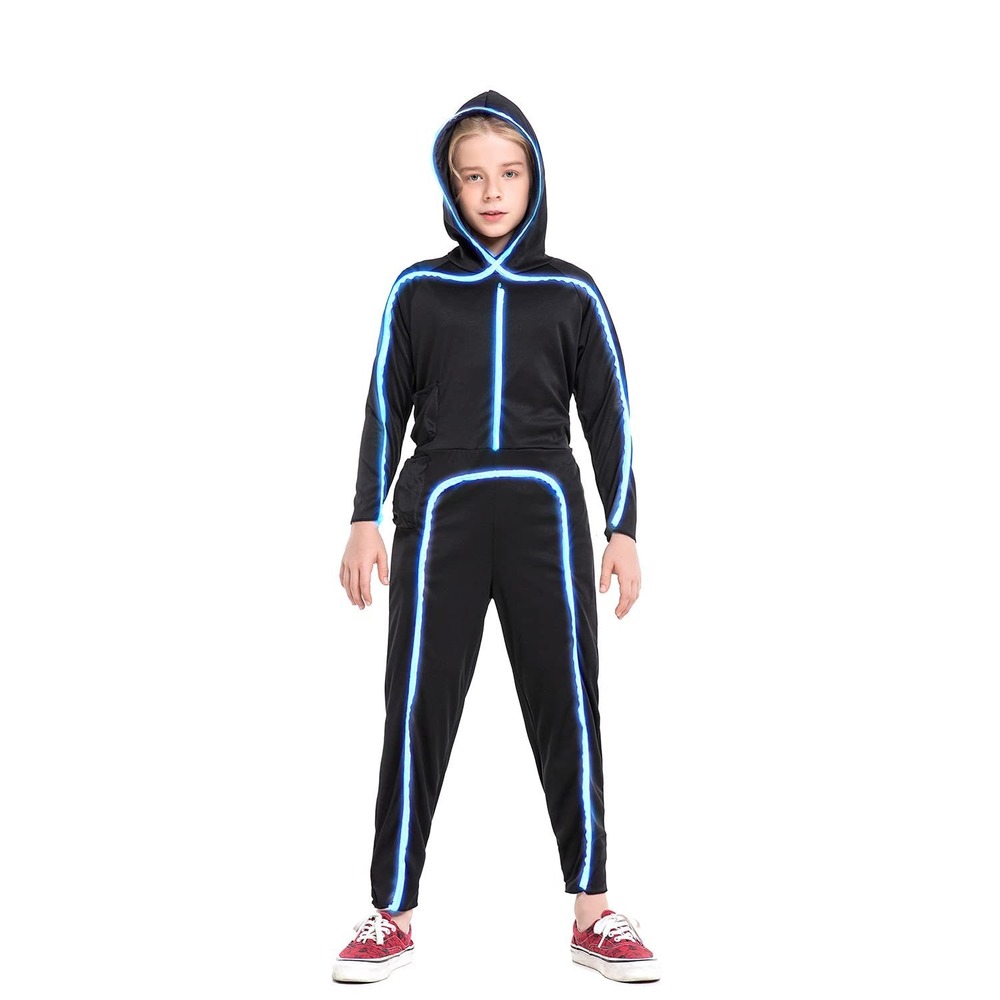 NWT Kids LED Stick Figure Costume Ice Blue Glow In Dark Stickman Halloween Sz 16